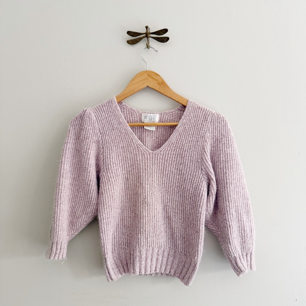 Vintage Silk & Angora Ribbed Knit Half Puff Sleeve V Neck Sweater Small